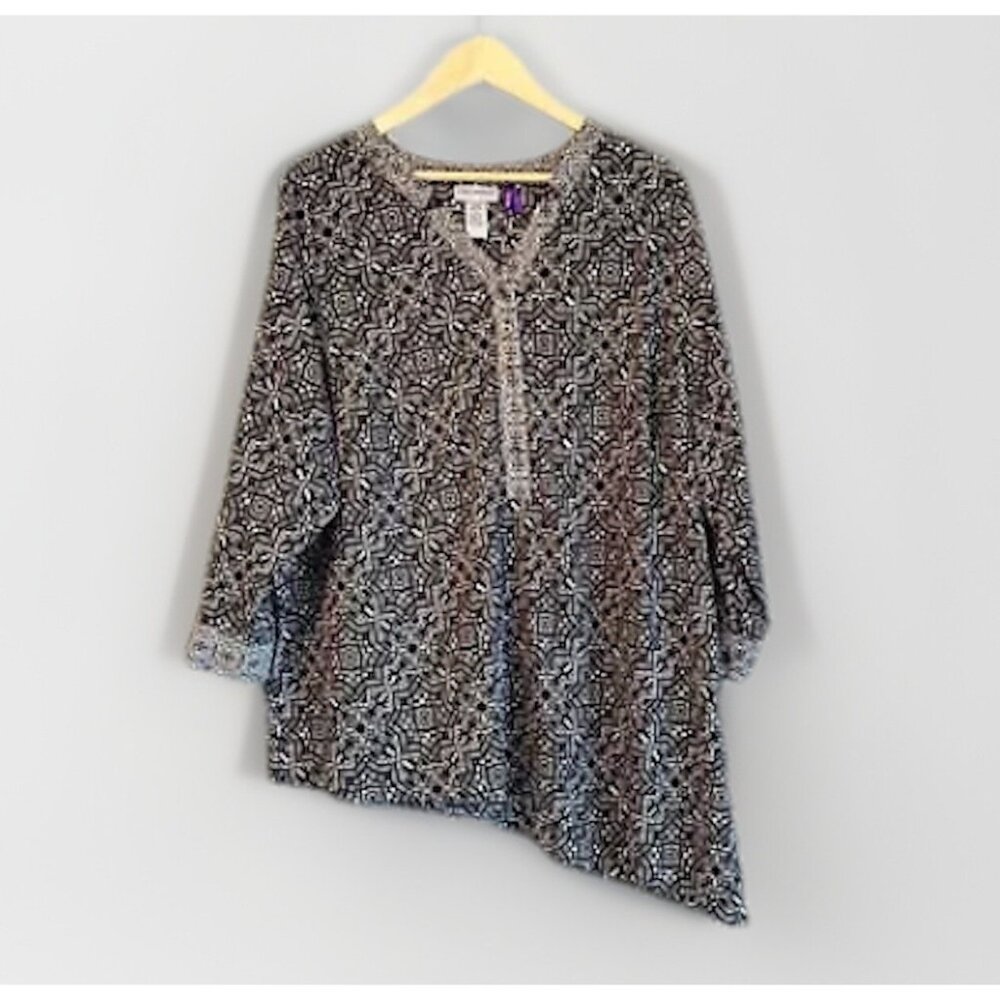 Catherines Asymmetric Printed Top Women’s 14/16W Petite Long Sleeves Whimsigoth